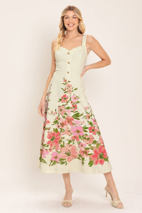 Flying Tomato 23713 White + Pink Floral Sweetheart Floral Print Midi Dress