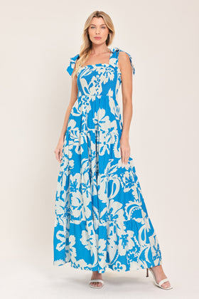 Flying Tomato 23775 Blue Square-Neck Floral Print Maxi Dress