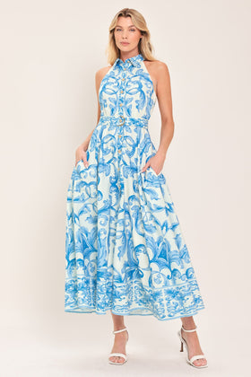 Flying Tomato 23800 Off White Blue High-Neck Floral Print Maxi Dress