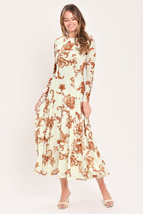Flying Tomato 24059 Ivory Floral Print Long Sleeve Midi Dress