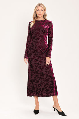 Flying Tomato 24302 Burgundy Floral Print Long Sleeve Midi Dress