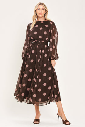 Flying Tomato 24577 Brown Mauve Printed Long Sleeve Midi Dress