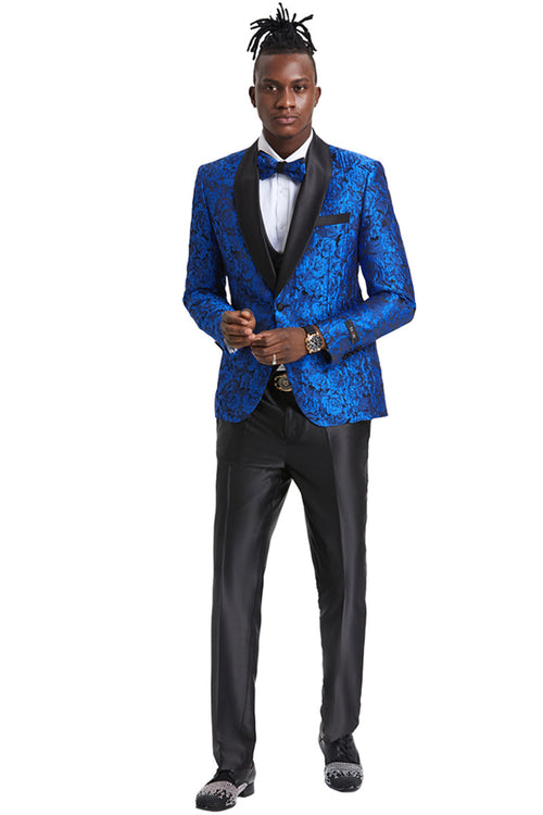 Esmoquin de graduación para hombre, de un botón, corte entallado, con estampado floral brillante de cachemira, en azul real.