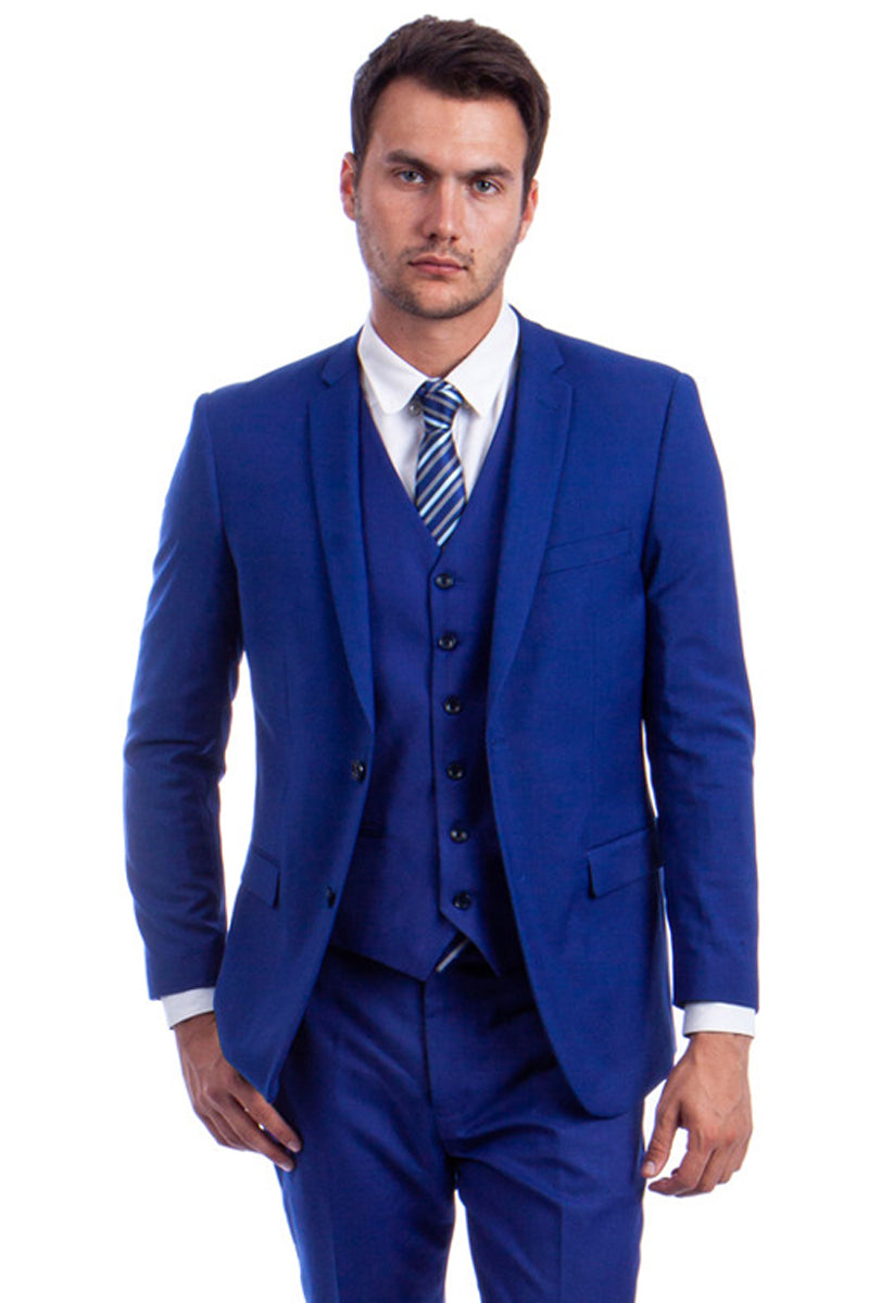 Traje de boda y negocios para hombre, de dos botones y color liso, en azul rey