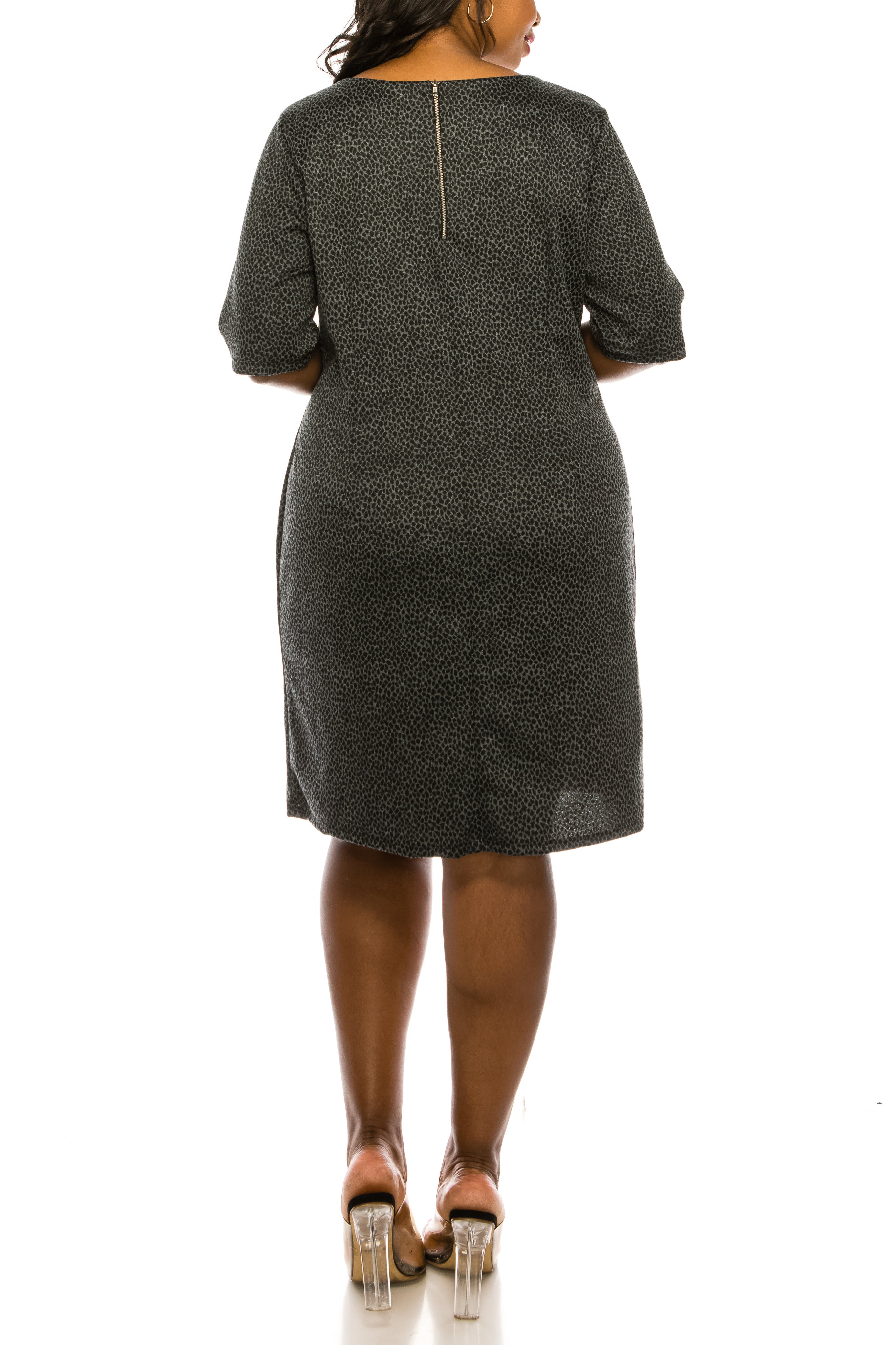 ILE Clothing PP351 Grey Black Short Sleeve Knee-Length Dress with Back Zipper