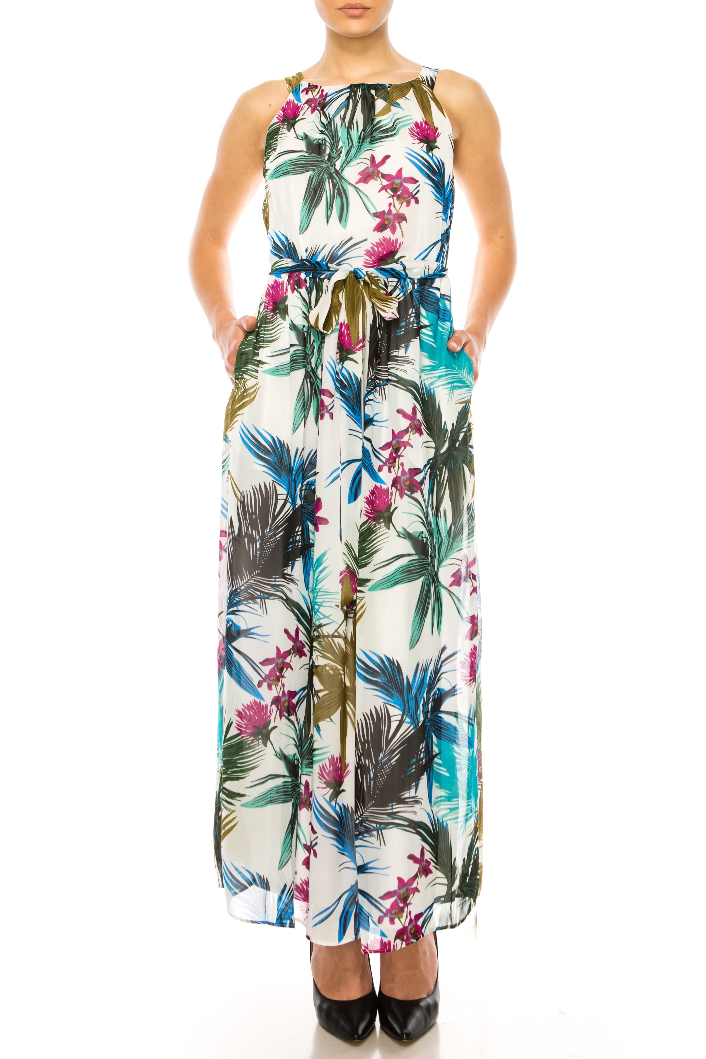 ILE Clothing CH01 Ivory Palm Sleeveless Belted Floral Chiffon Maxi Dress