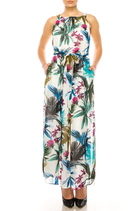 ILE Clothing CH01 Ivory Palm Sleeveless Belted Floral Chiffon Maxi Dress