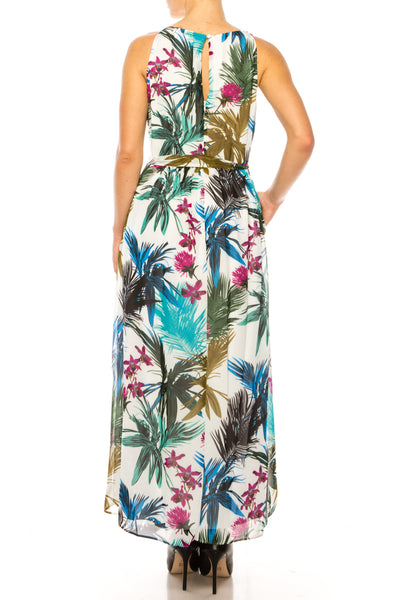ILE Clothing CH01 Ivory Palm Sleeveless Belted Floral Chiffon Maxi Dress