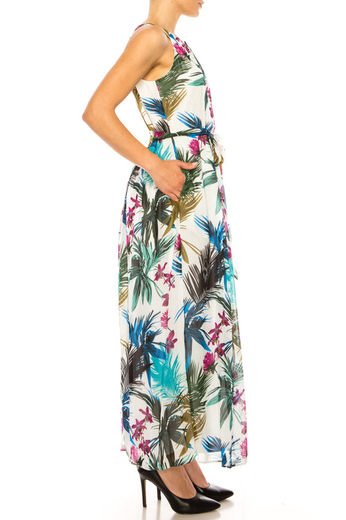 ILE Clothing CH01 Ivory Palm Sleeveless Belted Floral Chiffon Maxi Dress