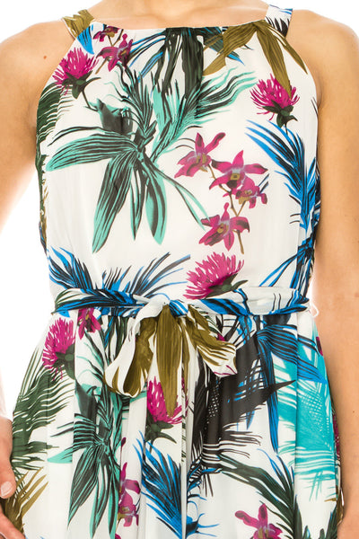 ILE Clothing CH01 Ivory Palm Sleeveless Belted Floral Chiffon Maxi Dress