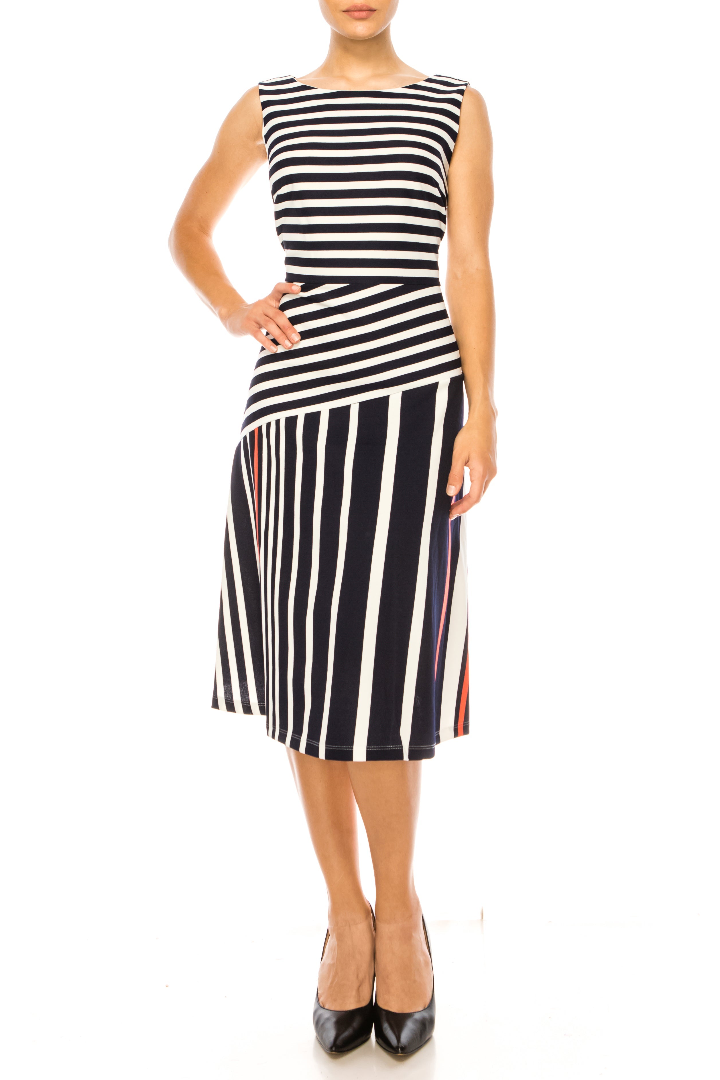 ILE Clothing SCP1326 Navy Coral Sleeveless Striped A-Line Knee-Length Dress
