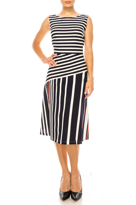 ILE Clothing SCP1326 Navy Coral Sleeveless Striped A-Line Knee-Length Dress