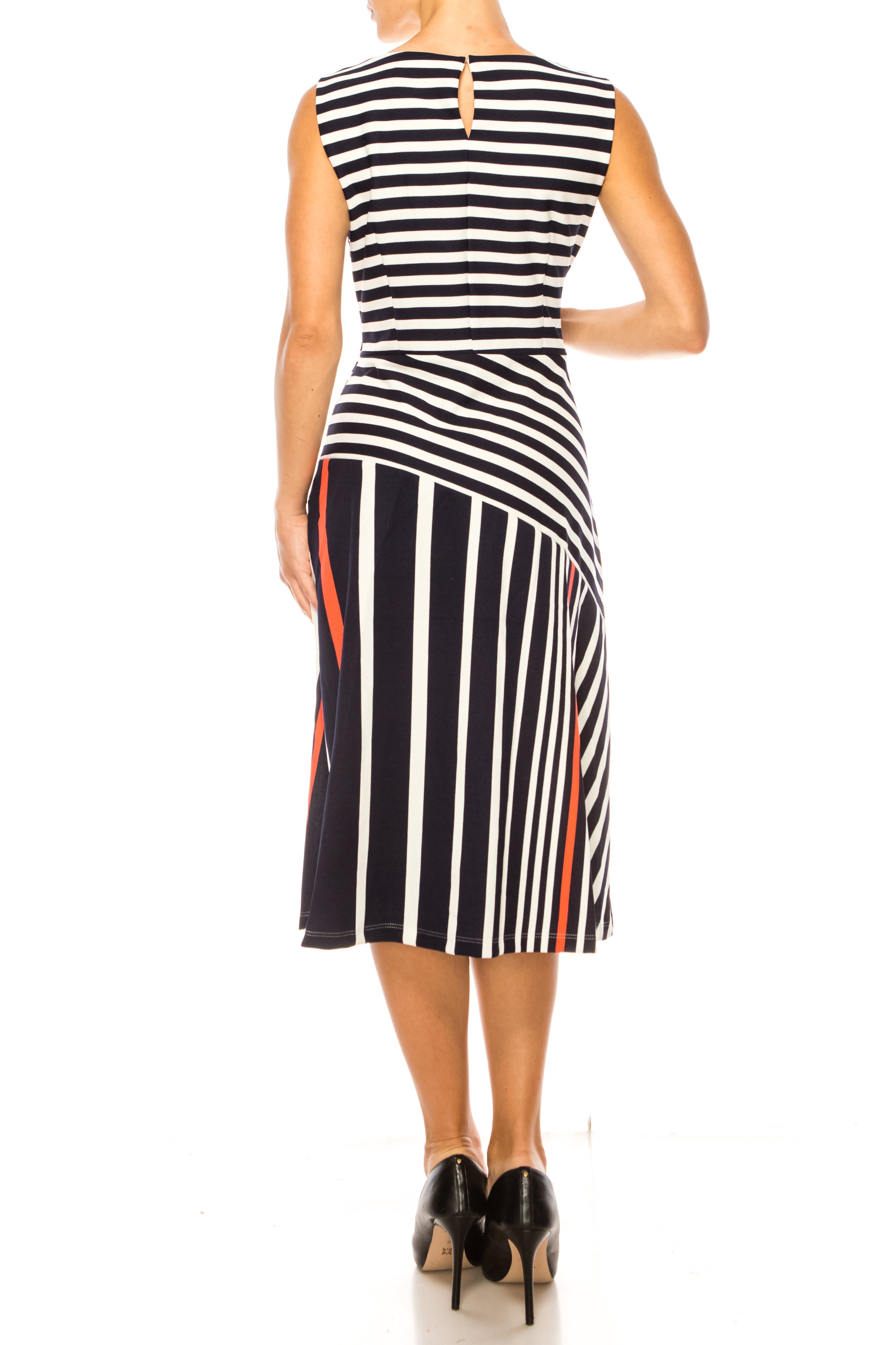ILE Clothing SCP1326 Navy Coral Sleeveless Striped A-Line Knee-Length Dress