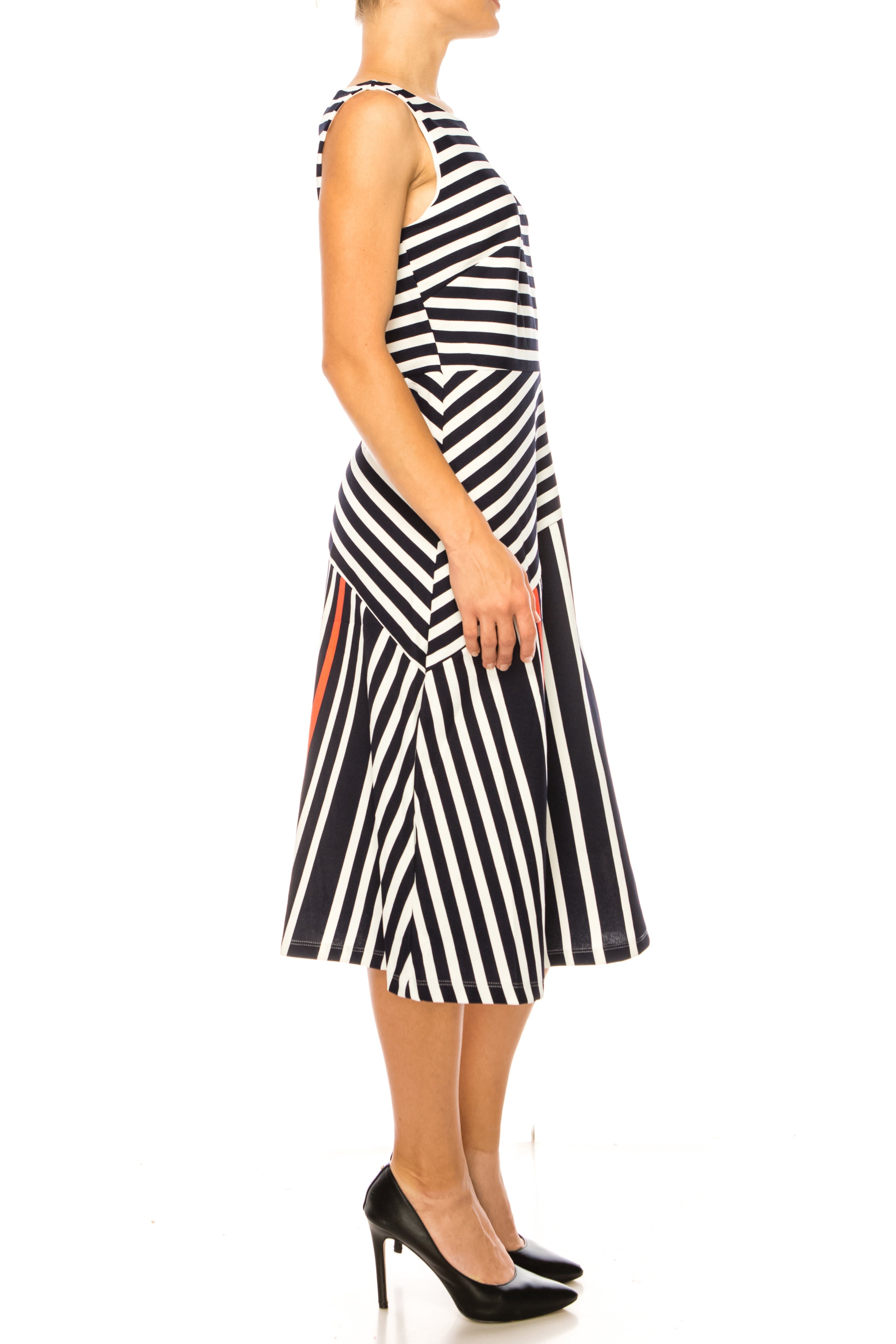 ILE Clothing SCP1326 Navy Coral Sleeveless Striped A-Line Knee-Length Dress