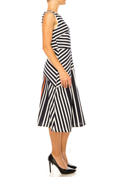 ILE Clothing SCP1326 Navy Coral Sleeveless Striped A-Line Knee-Length Dress