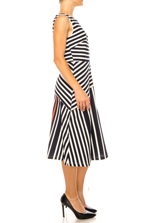 ILE Clothing SCP1326 Navy Coral Sleeveless Striped A-Line Knee-Length Dress