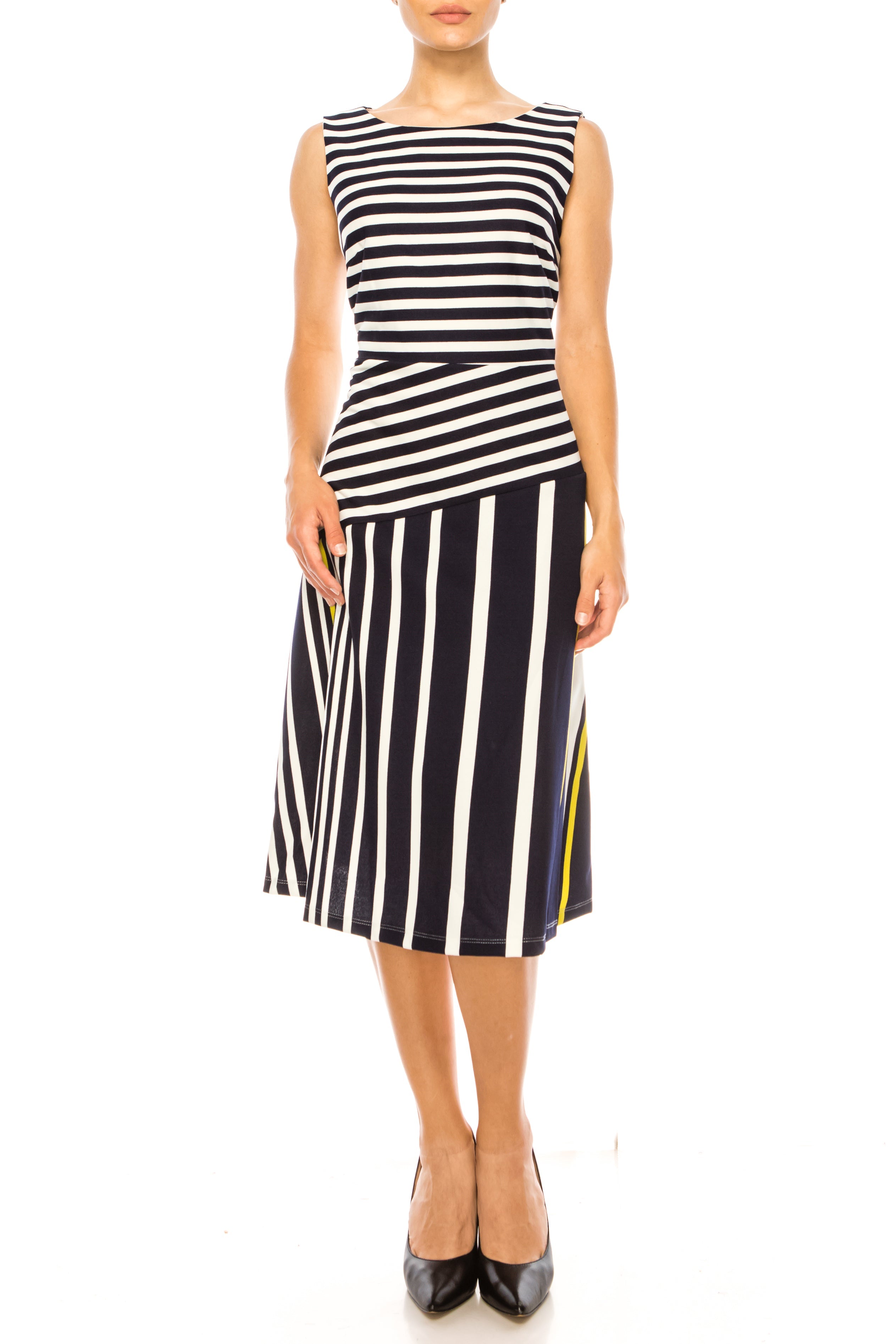 ILE Clothing SCP1326 Navy Lime Sleeveless Striped A-Line Knee-Length Dress