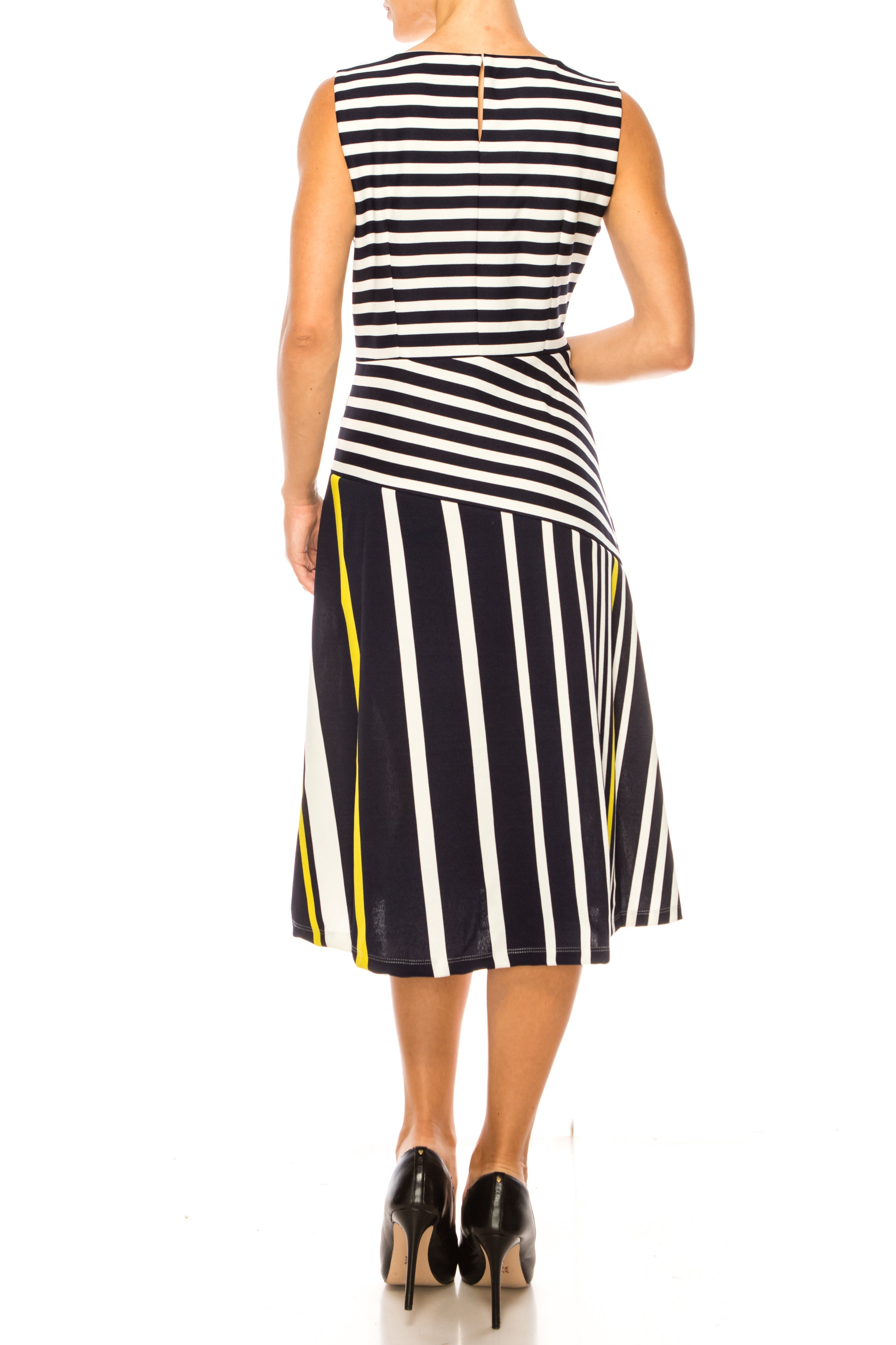 ILE Clothing SCP1326 Navy Lime Sleeveless Striped A-Line Knee-Length Dress