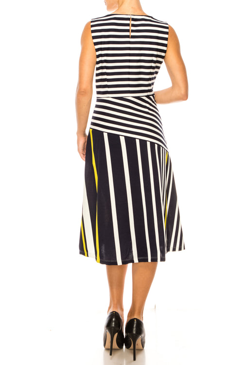 ILE Clothing SCP1326 Navy Lime Sleeveless Striped A-Line Knee-Length Dress
