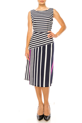 ILE Clothing SCP1326 Navy Magenta Sleeveless Striped A-Line Knee-Length Dress