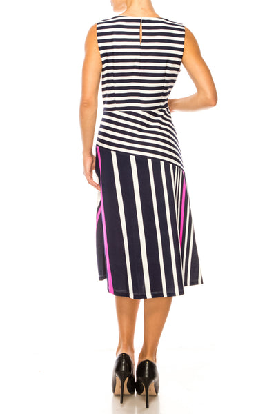 ILE Clothing SCP1326 Navy Magenta Sleeveless Striped A-Line Knee-Length Dress