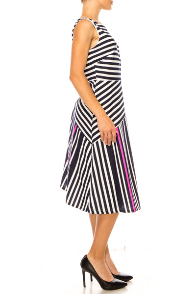 ILE Clothing SCP1326 Navy Magenta Sleeveless Striped A-Line Knee-Length Dress