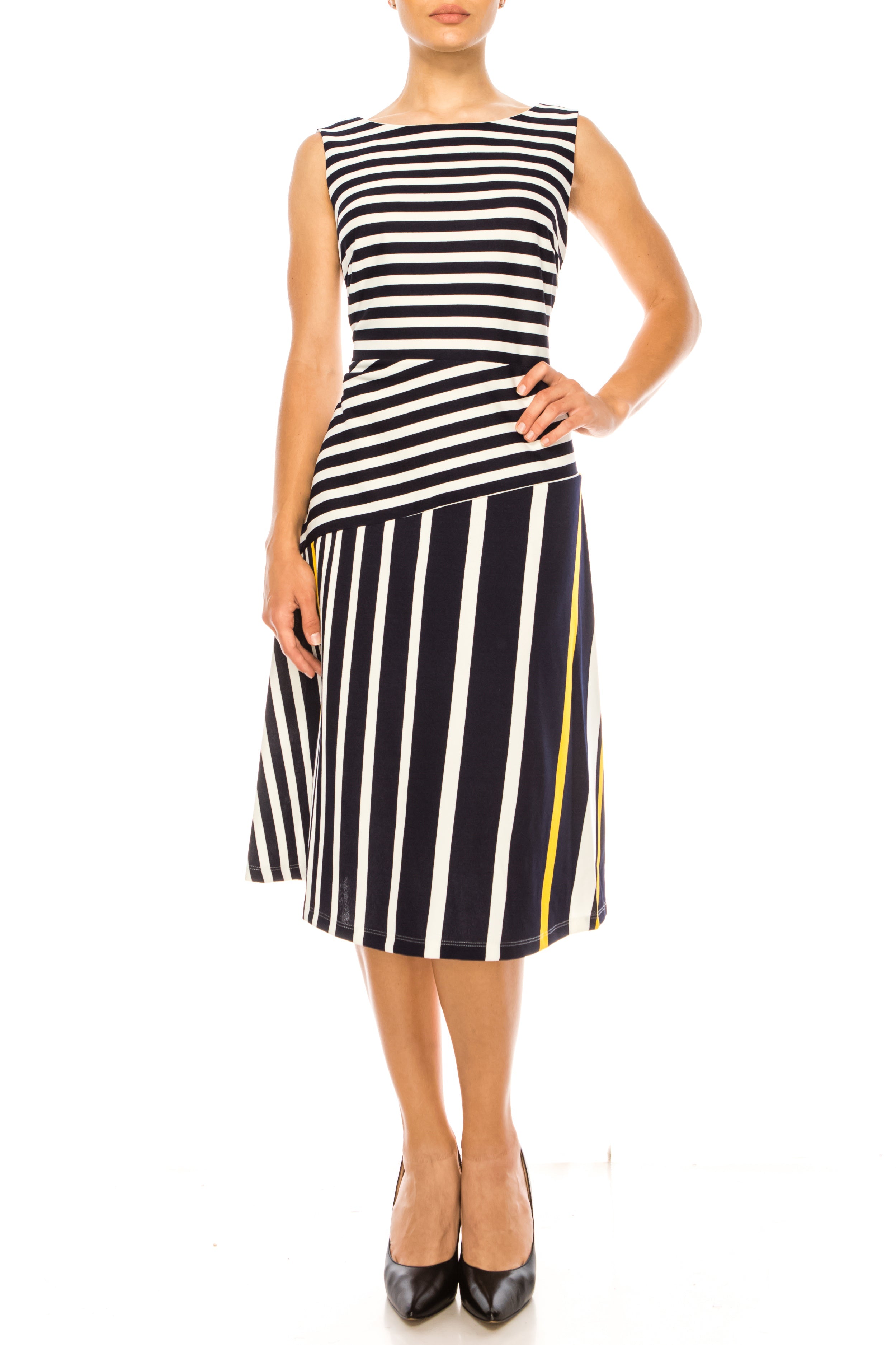 ILE Clothing SCP1326 Navy Yellow Sleeveless Striped A-Line Knee-Length Dress