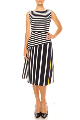 ILE Clothing SCP1326 Navy Yellow Sleeveless Striped A-Line Knee-Length Dress