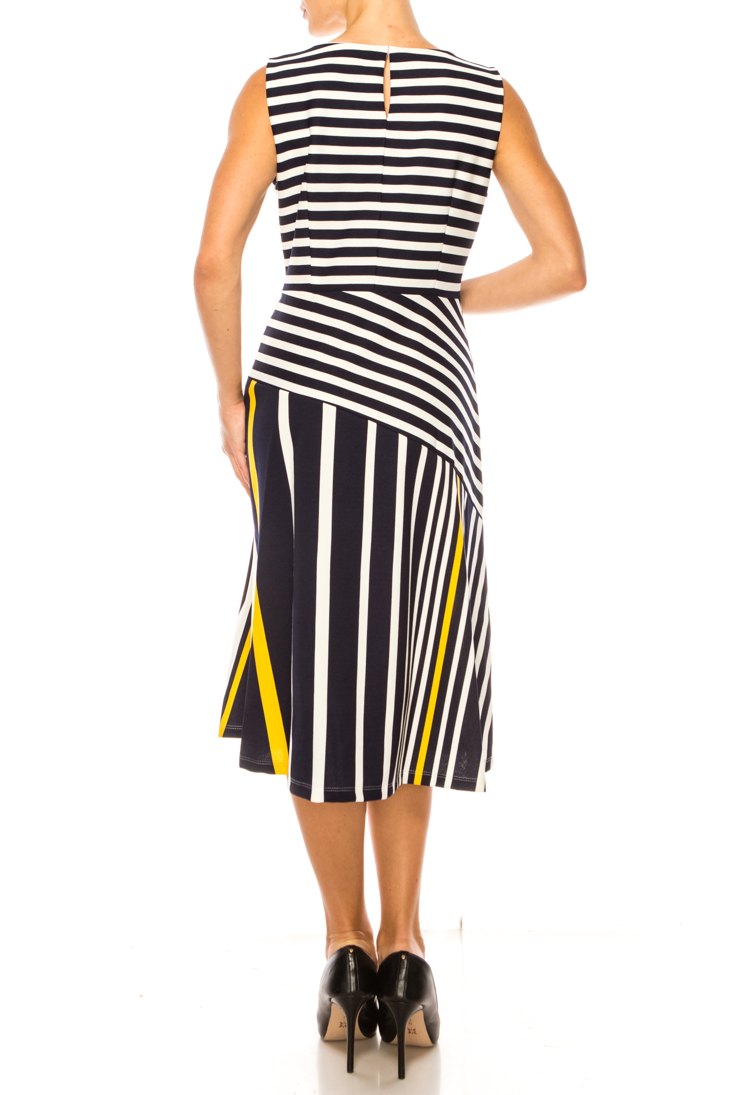 ILE Clothing SCP1326 Navy Yellow Sleeveless Striped A-Line Knee-Length Dress