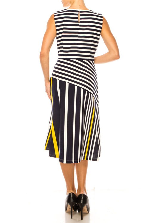 ILE Clothing SCP1326 Navy Yellow Sleeveless Striped A-Line Knee-Length Dress