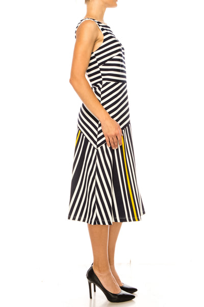 ILE Clothing SCP1326 Navy Yellow Sleeveless Striped A-Line Knee-Length Dress