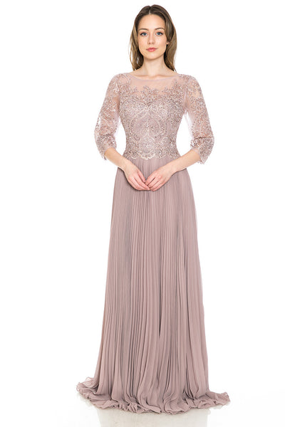 A-Line Gown with Beaded Lace Bodice and Pleated Skirt By Lenovia 8145