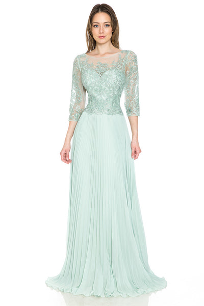 A-Line Gown with Beaded Lace Bodice and Pleated Skirt By Lenovia 8145