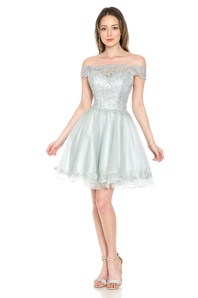 Off-Shoulder A-Line Short Dress with Gold Embroidery Tulle Skirt By Lenovia 8124