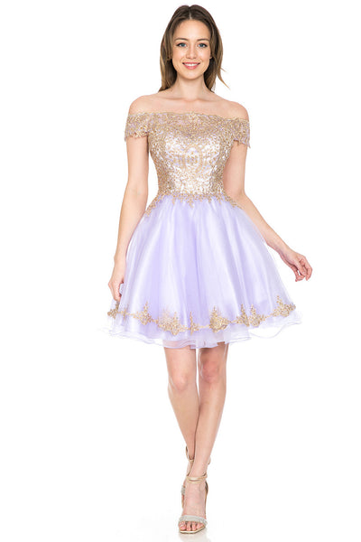 Off-Shoulder A-Line Short Dress with Gold Embroidery Tulle Skirt By Lenovia 8124