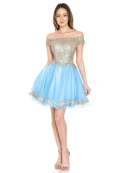 Off-Shoulder A-Line Short Dress with Gold Embroidery Tulle Skirt By Lenovia 8124