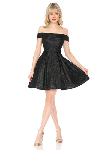 Off-the-Shoulder Glitter Skater Dress Short Party & Homecoming Dress with Pockets By Lenovia 5227