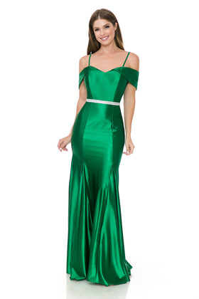 Lenovia 5244 Cold Shoulder Stretch Satin Dress with Beaded Belt