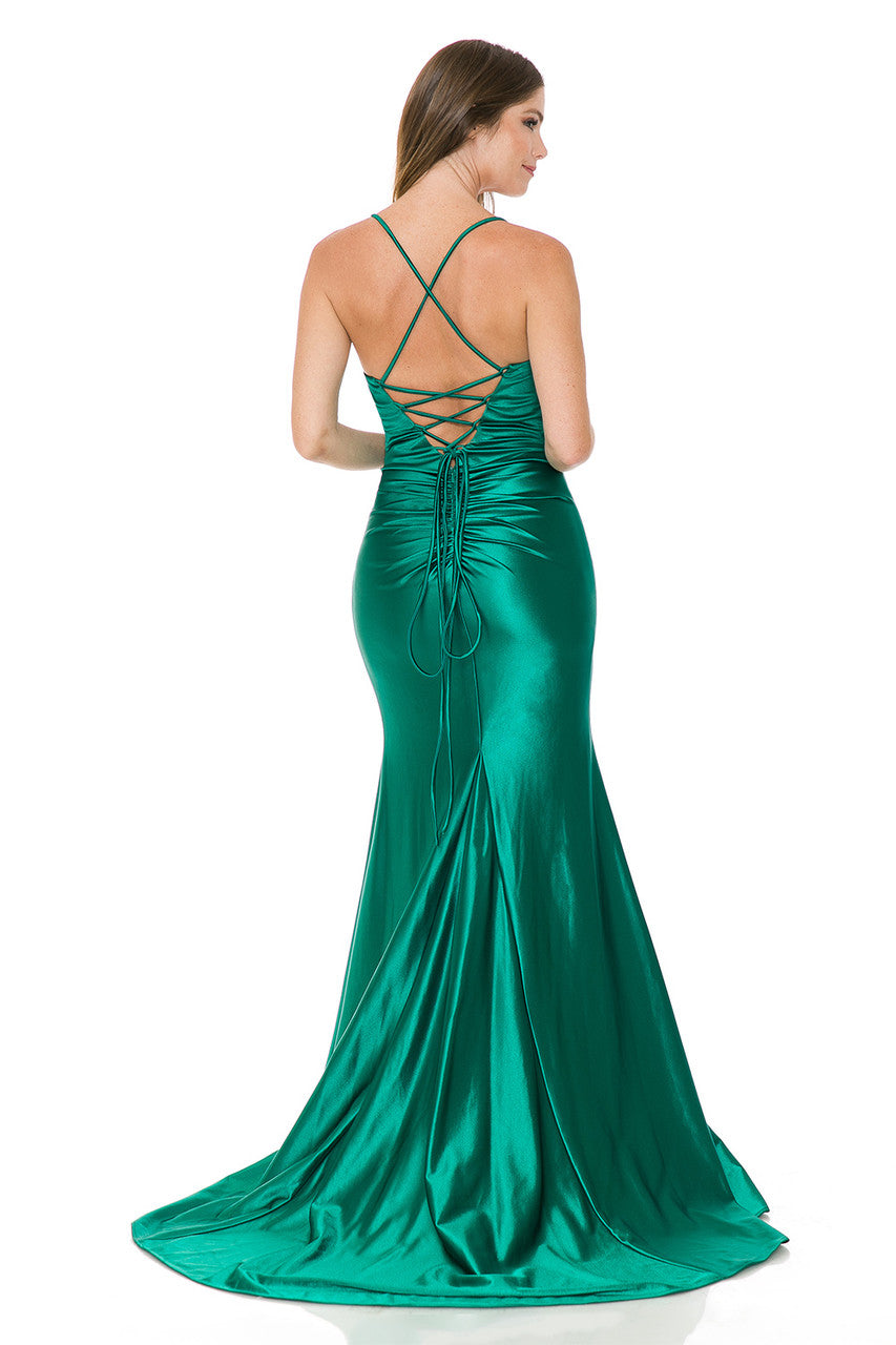 Vestido de sirena de satén con espalda cruzada y abertura alta de Lenovia 8158