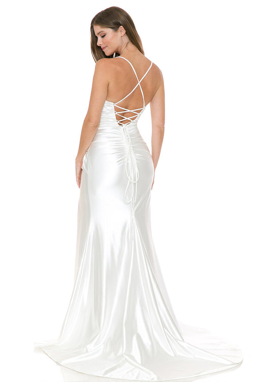 Elegant White Satin Spaghetti Strap Lace-Up Back Gown with High Slit Bridal Dress By Lenovia 8158
