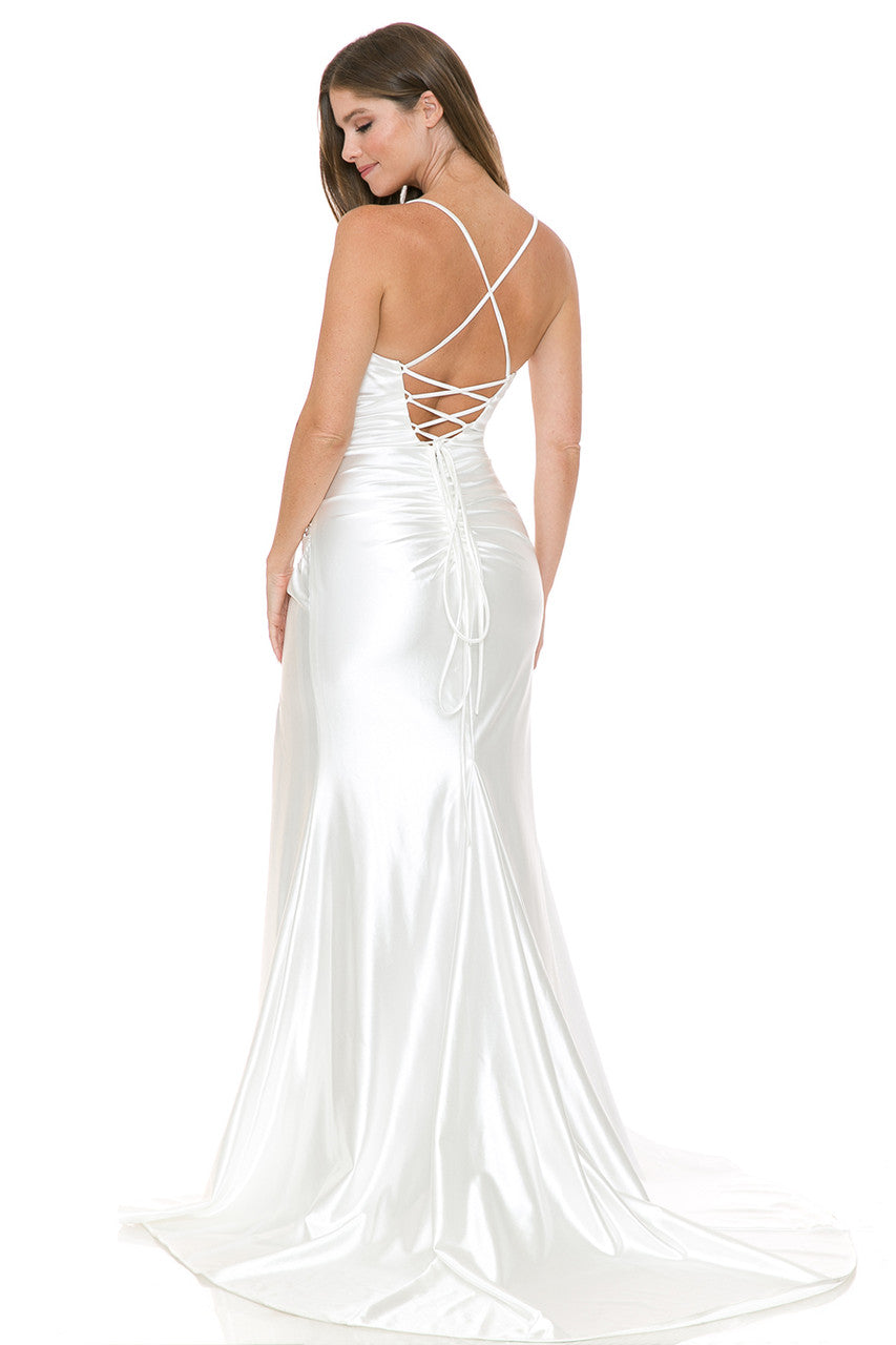 Elegant White Satin Spaghetti Strap Lace-Up Back Gown with High Slit Bridal Dress By Lenovia 8158