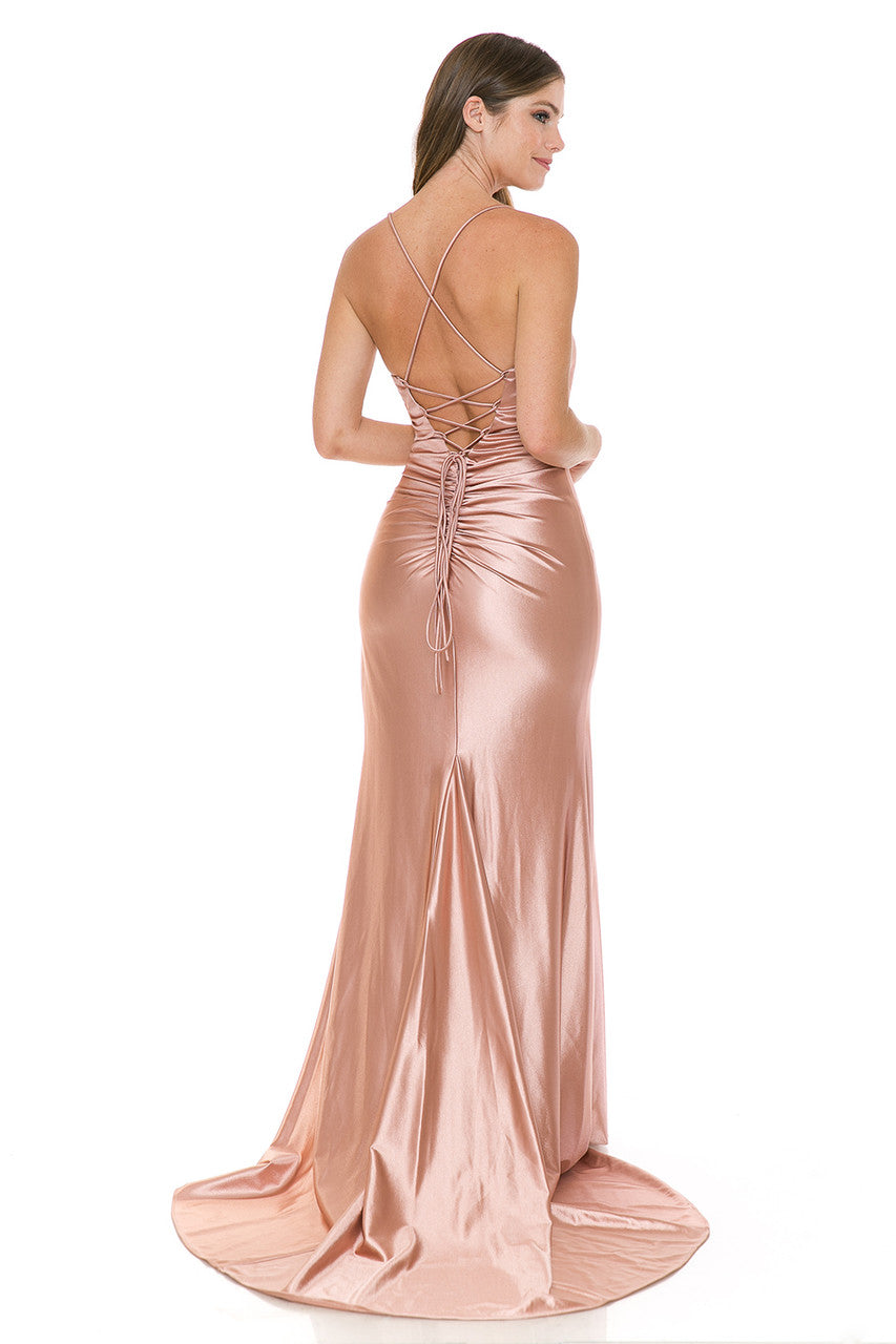 Vestido de sirena de satén con espalda cruzada y abertura alta de Lenovia 8158