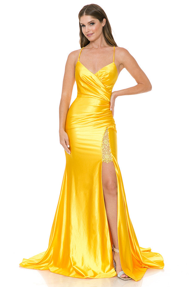 Vestido de sirena de satén con espalda cruzada y abertura alta de Lenovia 8158