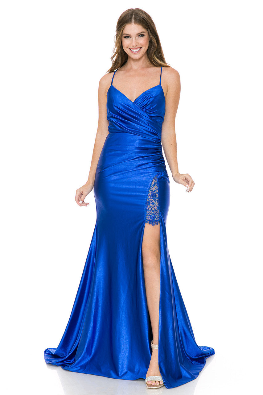 Vestido de sirena de satén con espalda cruzada y abertura alta de Lenovia 8158