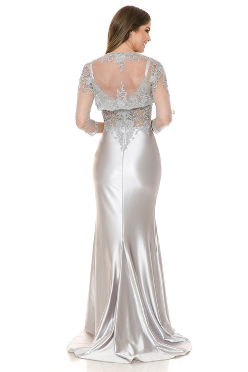 Vestido de noche de satén estilo sirena con corpiño bordado y chaqueta transparente de Lenovia 8175
