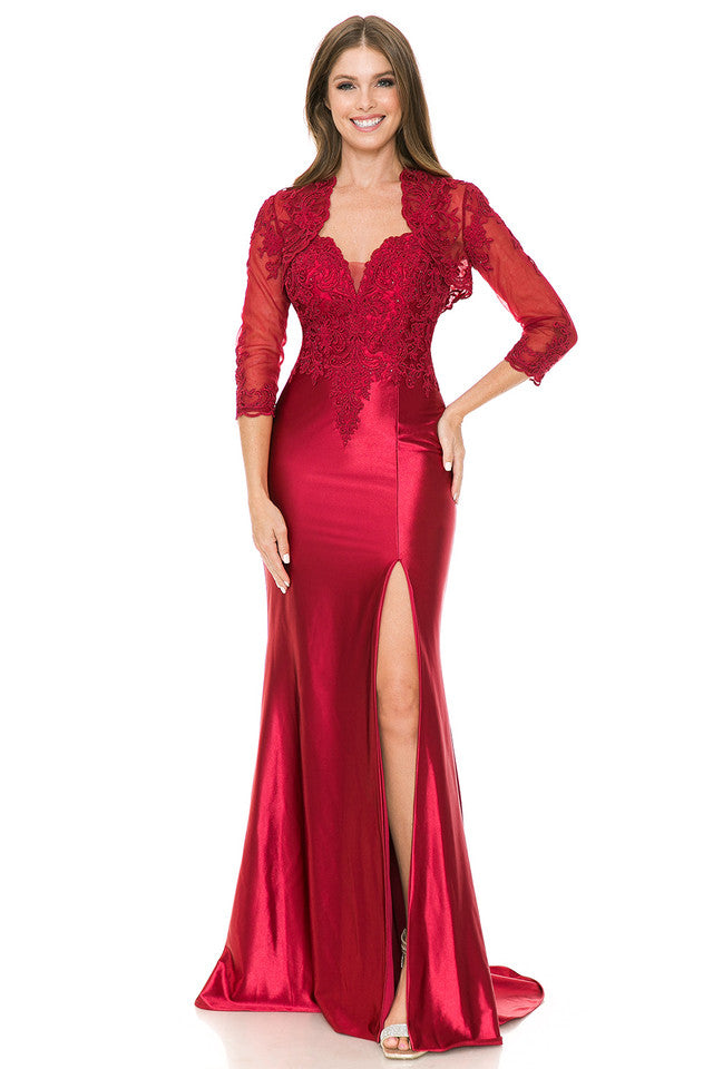 Satin Mermaid Evening Gown with Embroidered Bodice & Sheer Jacket By Lenovia 8175