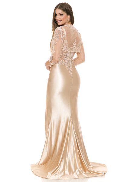 Satin Mermaid Evening Gown with Embroidered Bodice & Sheer Jacket By Lenovia 8175