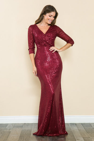 Sequin V-Neck Mermaid Evening Gown with 3/4 Sleeves Formal Dress By Lenovia 8186