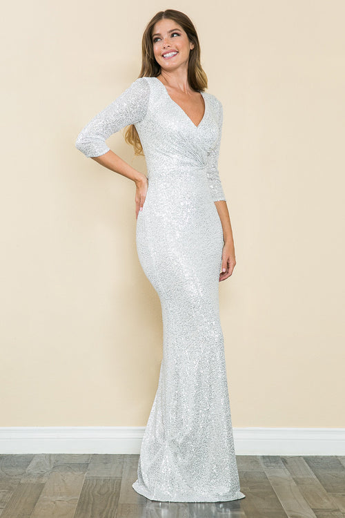 Sequin V-Neck Mermaid Evening Gown with 3/4 Sleeves Formal Dress By Lenovia 8186