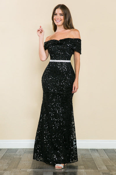Lenovia 5210 Sequined Off-Shoulder Ruched Stretch Dress with Beaded Belt